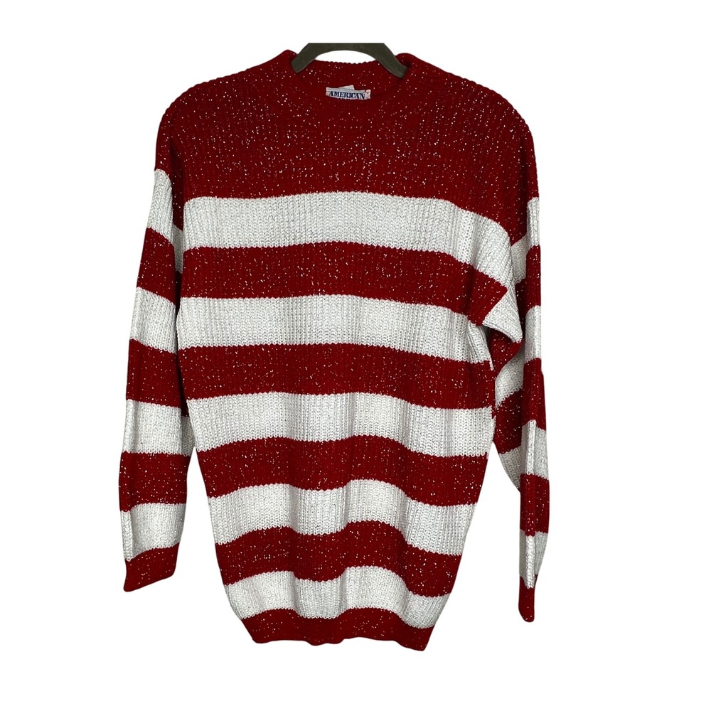 American Pride VTG Red White Striped Sparkly Knit Sweater Size Large Made USA
